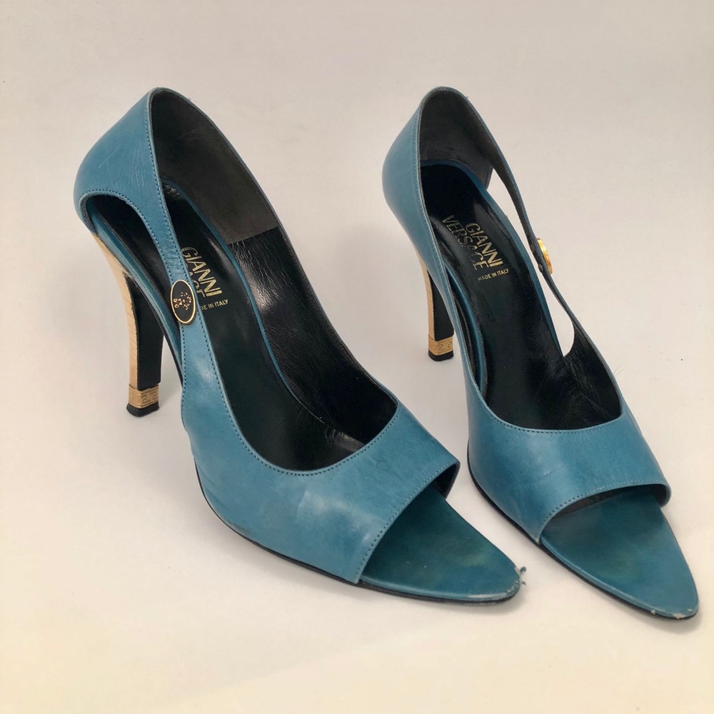 Gianni Versace blue peep toe heels
